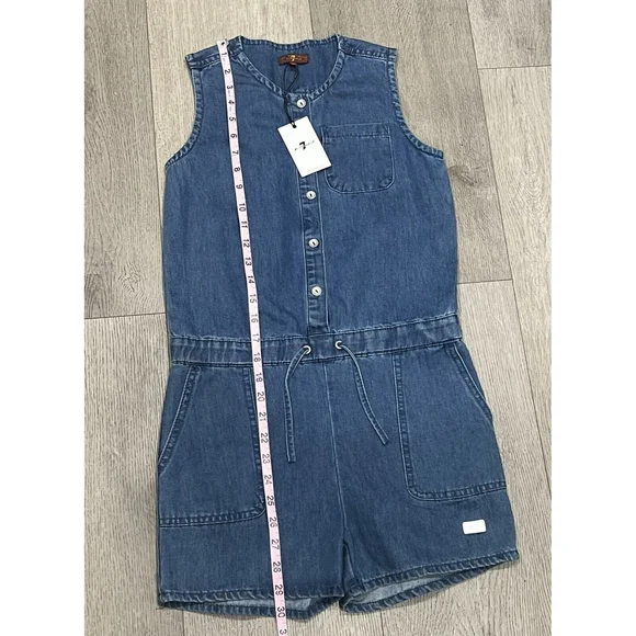 NWT 7 For All Mankind Denim Blue Chambray‎ Shorts Sleeveless Romper Girls Size L - Picture 7 of 11